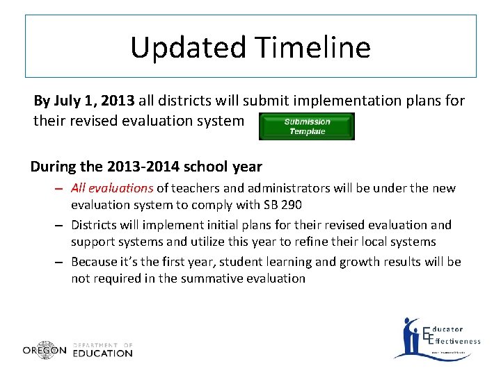 Updated Timeline By July 1, 2013 all districts will submit implementation plans for their