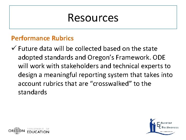 Resources Performance Rubrics ü Future data will be collected based on the state adopted