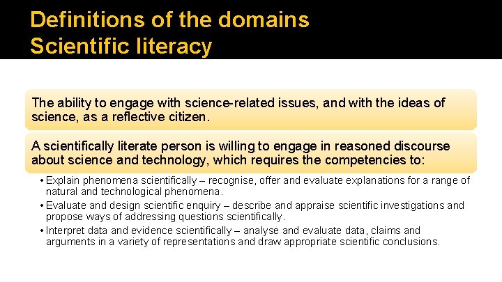 Definitions of the domains Scientific literacy The ability to engage with science-related issues, and