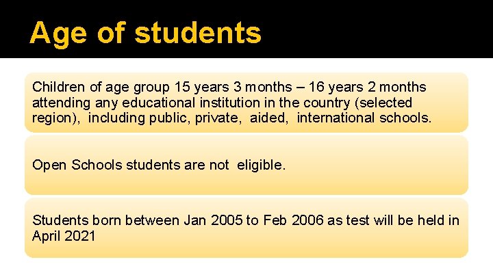 Age of students Children of age group 15 years 3 months – 16 years