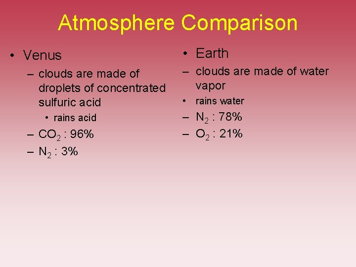 Atmosphere Comparison • Venus – clouds are made of droplets of concentrated sulfuric acid Atmosphere Comparison • Venus – clouds are made of droplets of concentrated sulfuric acid