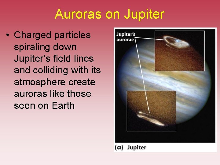 Auroras on Jupiter • Charged particles spiraling down Jupiter’s field lines and colliding with Auroras on Jupiter • Charged particles spiraling down Jupiter’s field lines and colliding with