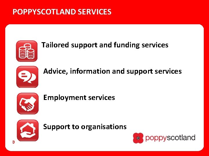 POPPYSCOTLAND SERVICES Tailored support and funding services Advice, information and support services Employment services