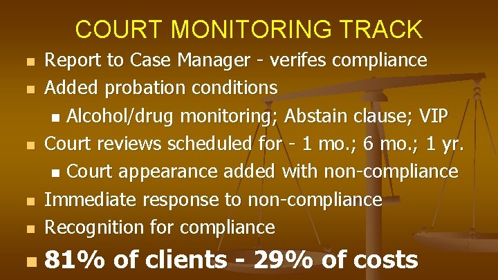 COURT MONITORING TRACK n Report to Case Manager - verifes compliance Added probation conditions