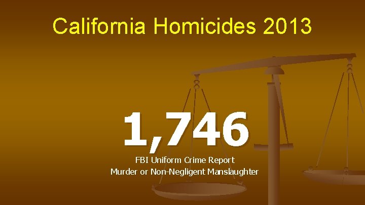 California Homicides 2013 1, 746 FBI Uniform Crime Report Murder or Non-Negligent Manslaughter 
