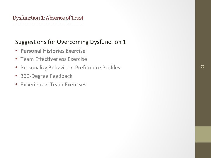 Dysfunction 1: Absence of Trust ……………………………. . . • • • Personal Histories Exercise