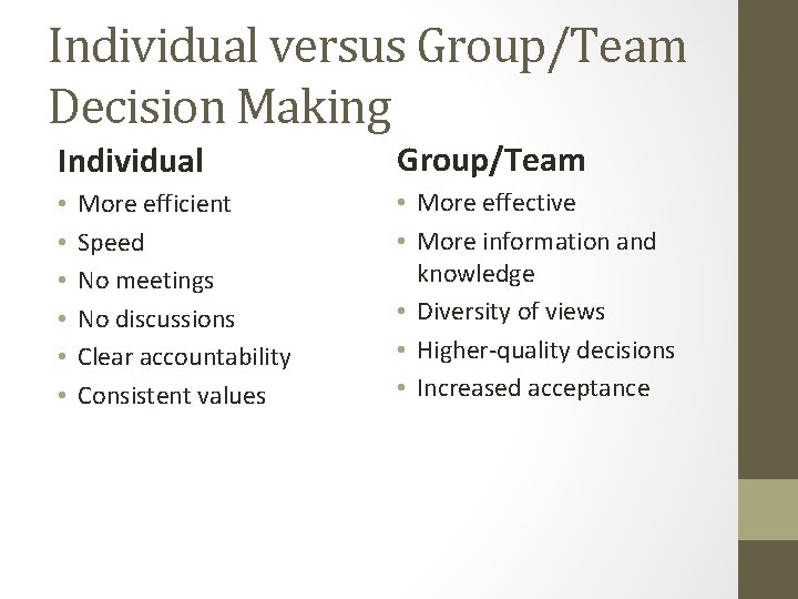 Individual versus Group/Team Decision Making Individual • • • More efficient Speed No meetings