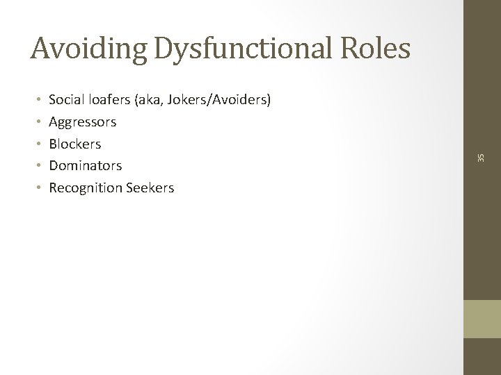  • • • Social loafers (aka, Jokers/Avoiders) Aggressors Blockers Dominators Recognition Seekers 35