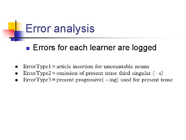 Error analysis n Errors for each learner are logged 