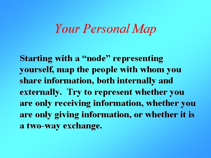 Your Personal Map Starting with a “node” representing yourself, map the people with whom