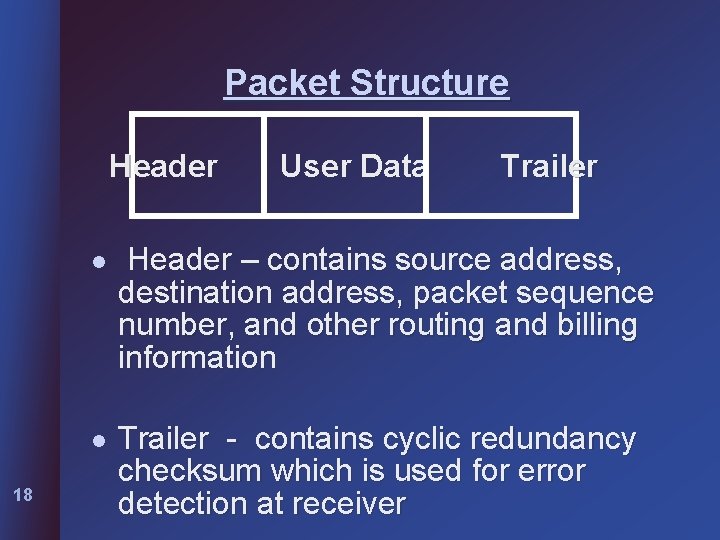 Packet Structure Header 18 User Data Trailer l Header – contains source address, destination