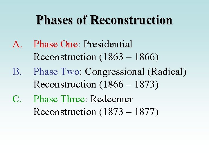 Phases of Reconstruction A. B. C. Phase One: Presidential Reconstruction (1863 – 1866) Phase