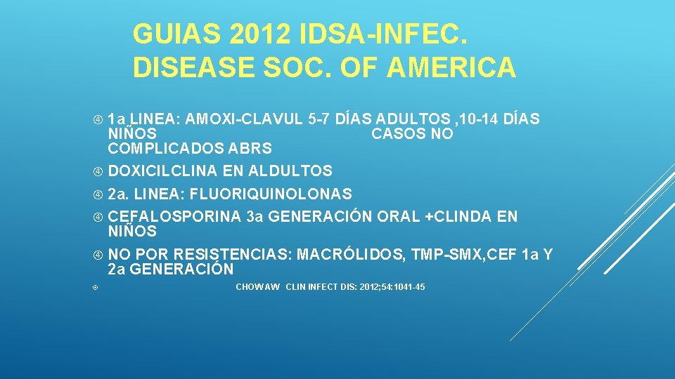 GUIAS 2012 IDSA-INFEC. DISEASE SOC. OF AMERICA 1 a LINEA: AMOXI-CLAVUL 5 -7 DÍAS GUIAS 2012 IDSA-INFEC. DISEASE SOC. OF AMERICA 1 a LINEA: AMOXI-CLAVUL 5 -7 DÍAS