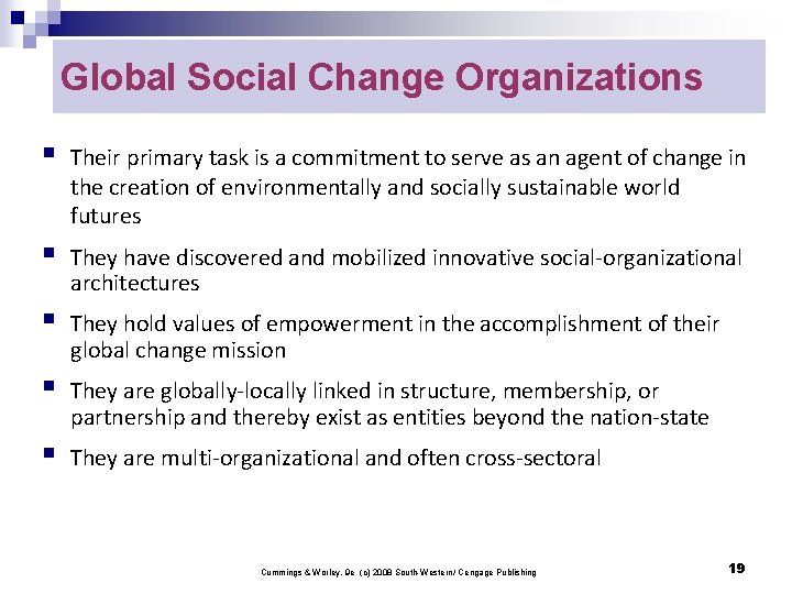 Global Social Change Organizations § Their primary task is a commitment to serve as