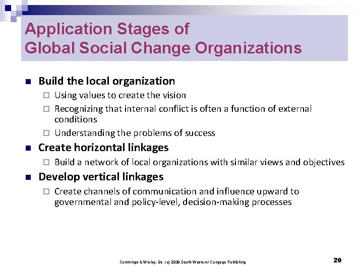 Application Stages of Global Social Change Organizations n Build the local organization Using values