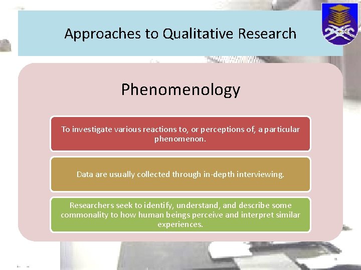 Approaches to Qualitative Research Phenomenology To investigate various reactions to, or perceptions of, a