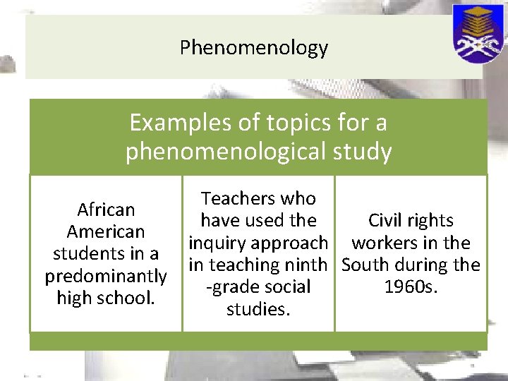 Phenomenology Examples of topics for a phenomenological study African American students in a predominantly