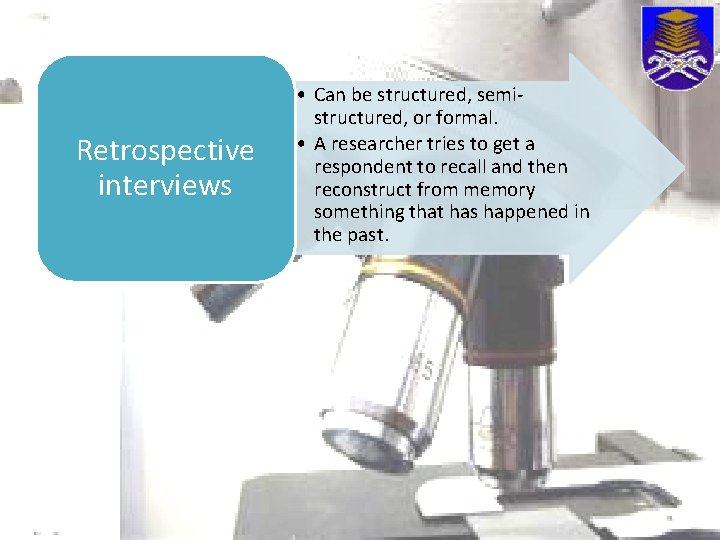 Retrospective interviews • Can be structured, semistructured, or formal. • A researcher tries to