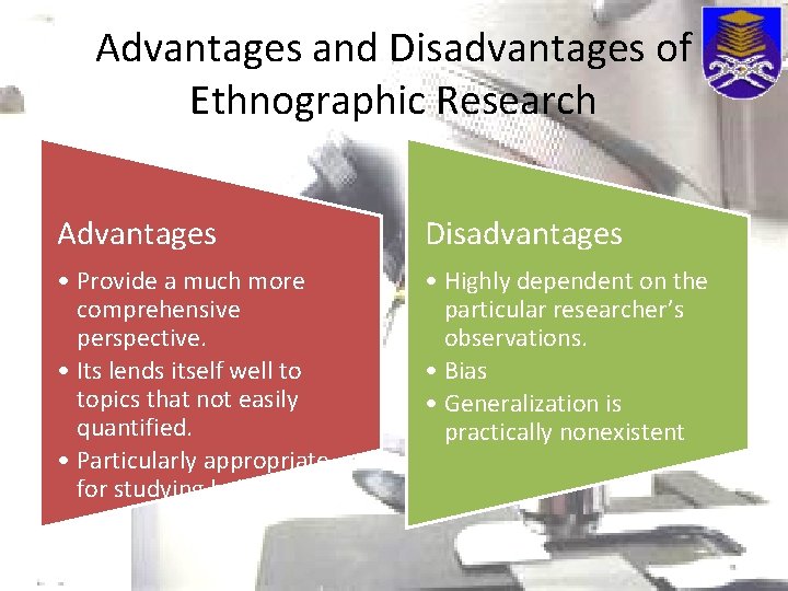 Advantages and Disadvantages of Ethnographic Research Advantages Disadvantages • Provide a much more comprehensive