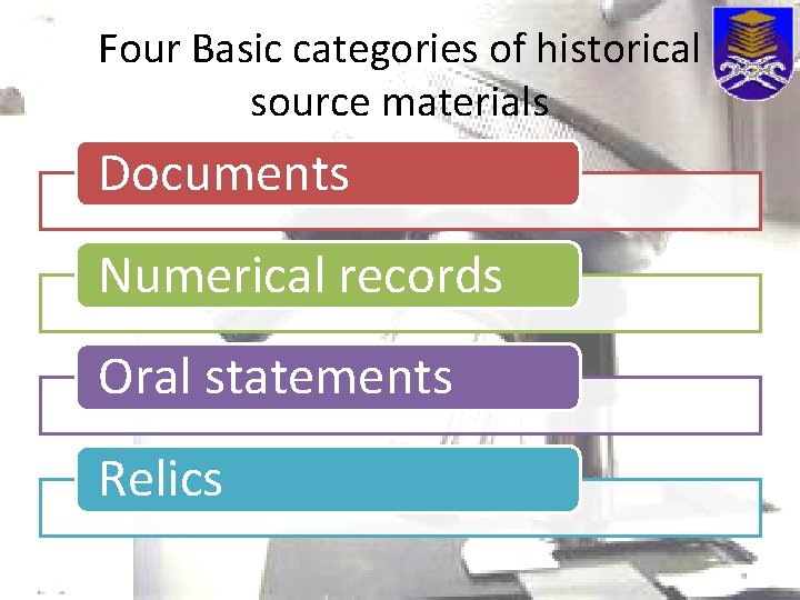 Four Basic categories of historical source materials Documents Numerical records Oral statements Relics 