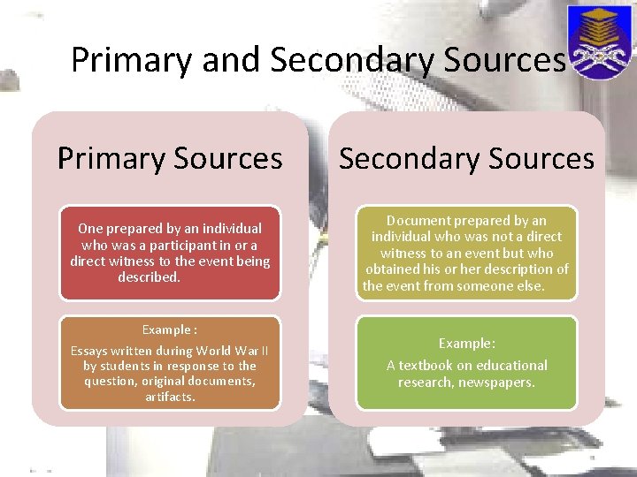 Primary and Secondary Sources Primary Sources Secondary Sources One prepared by an individual who
