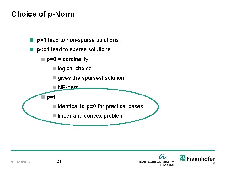Choice of p-Norm n p>1 lead to non-sparse solutions n p<=1 lead to sparse