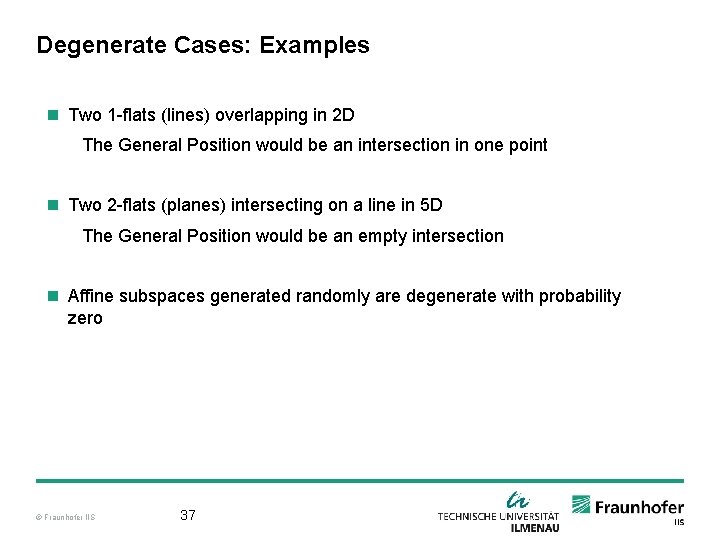 Degenerate Cases: Examples n Two 1 -flats (lines) overlapping in 2 D The General