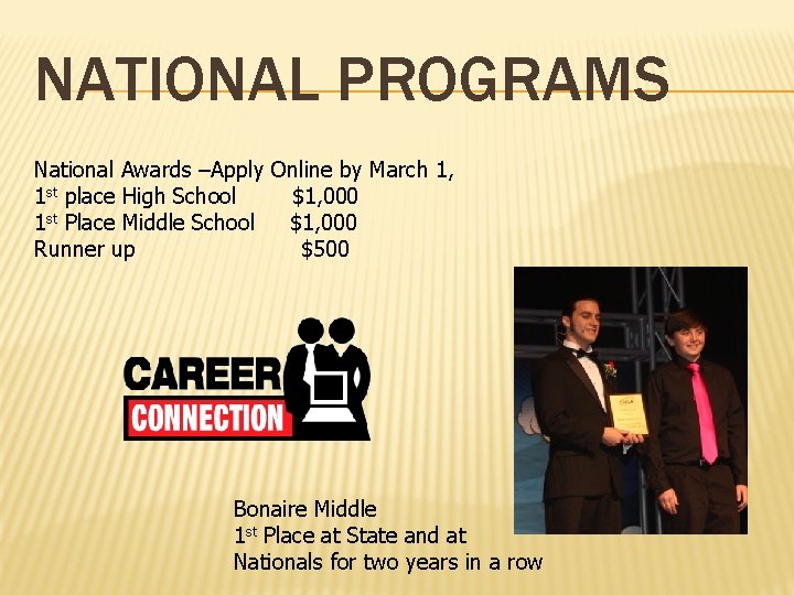 NATIONAL PROGRAMS National Awards –Apply Online by March 1, 1 st place High School