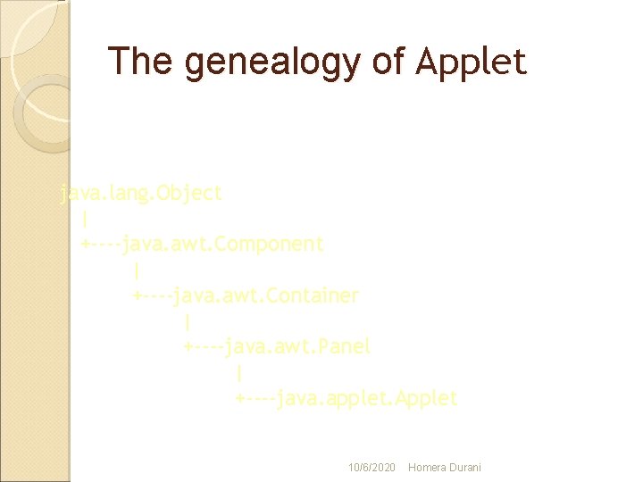 The genealogy of Applet java. lang. Object | +----java. awt. Component | +----java. awt.