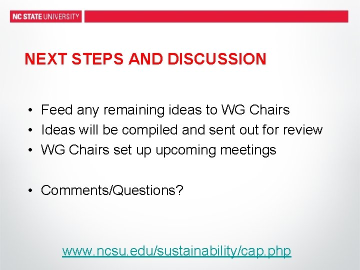 NEXT STEPS AND DISCUSSION • Feed any remaining ideas to WG Chairs • Ideas