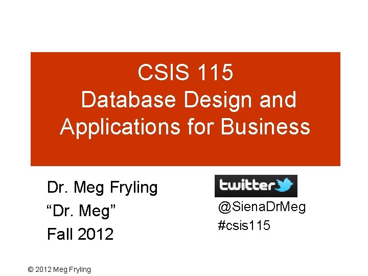CSIS 115 Database Design and Applications for Business Dr. Meg Fryling “Dr. Meg” Fall