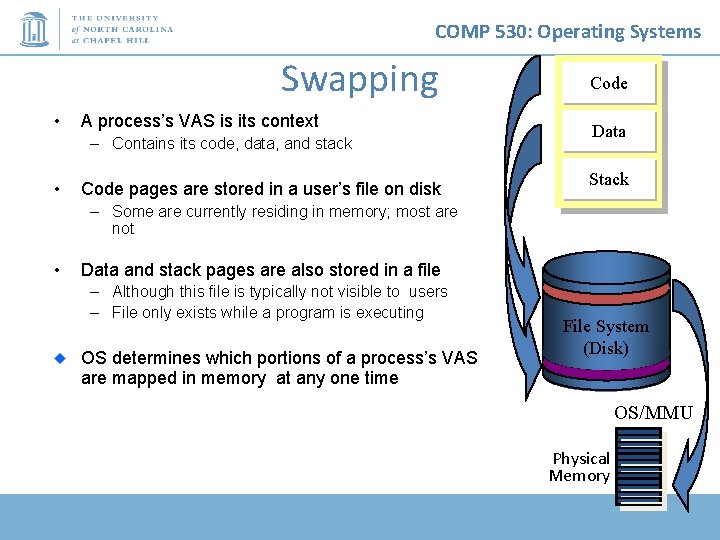 COMP 530: Operating Systems Swapping • A process’s VAS is its context – Contains