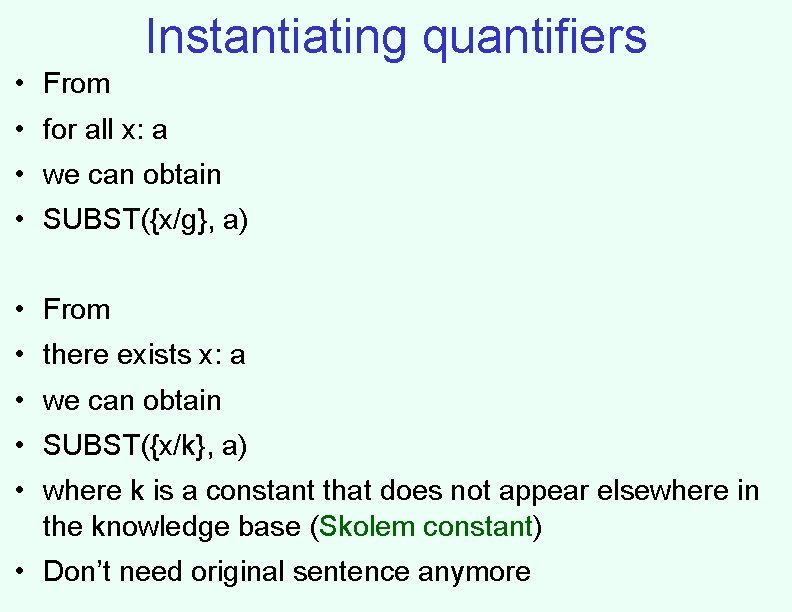 Instantiating quantifiers • From • for all x: a • we can obtain •