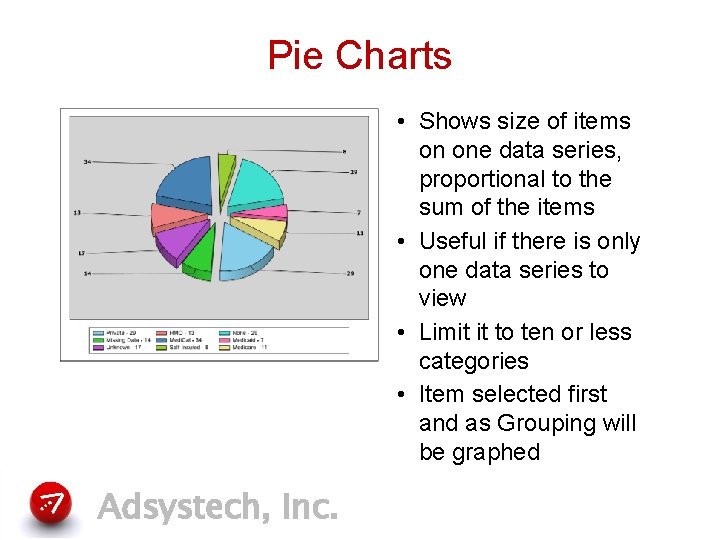 Pie Charts • Shows size of items on one data series, proportional to the