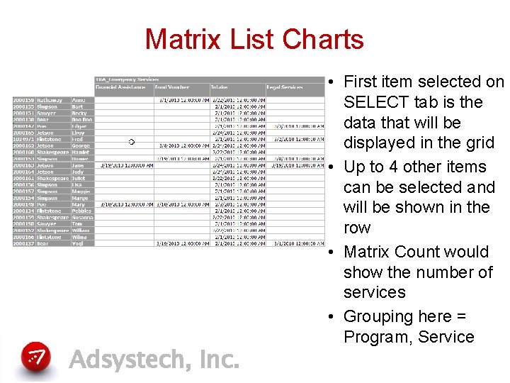 Matrix List Charts Adsystech, Inc. • First item selected on SELECT tab is the