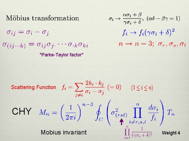 "Parke-Taylor factor" Scattering Function CHY Mobius invariant Weight 4 
