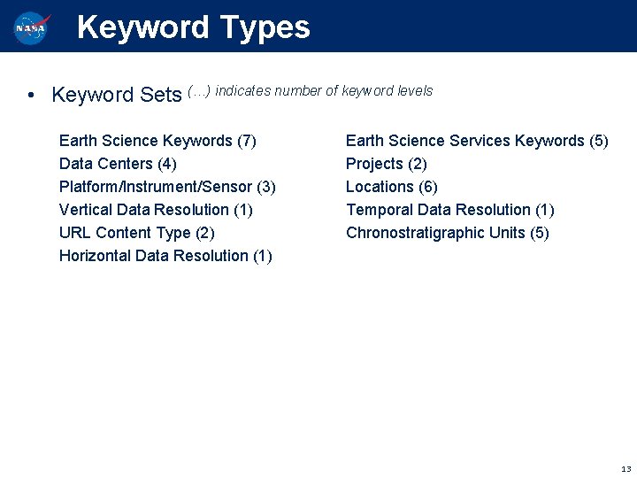 Keyword Types • Keyword Sets (…) indicates number of keyword levels Earth Science Keywords