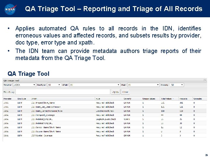 QA Triage Tool – Reporting and Triage of All Records • Applies automated QA