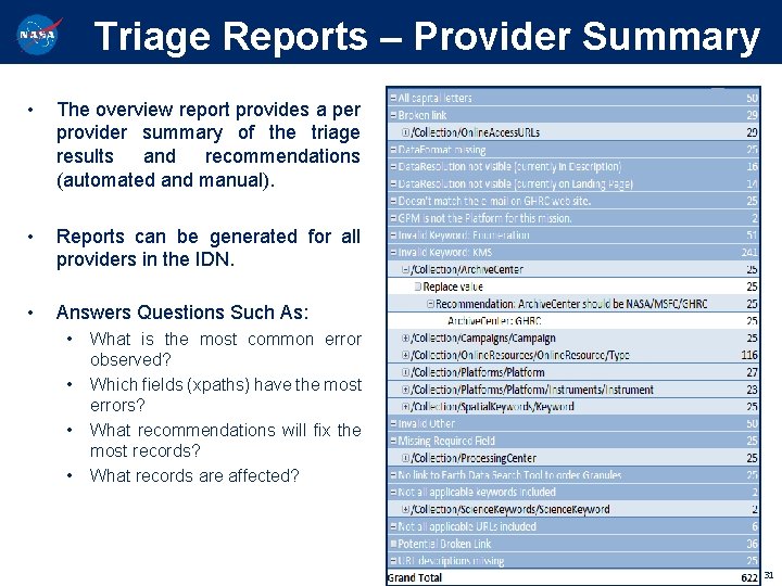 Triage Reports – Provider Summary • The overview report provides a per provider summary