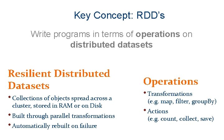 Key Concept: RDD’s Write programs in terms of operations on distributed datasets Resilient Distributed