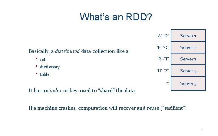 What’s an RDD? Basically, a distributed data collection like a: • set • dictionary