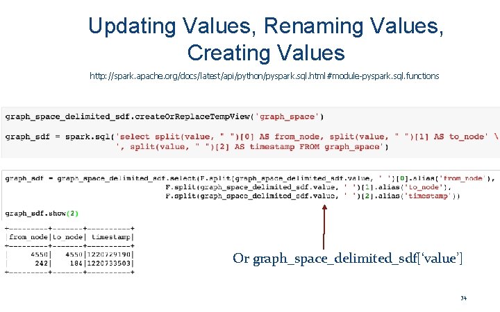 Updating Values, Renaming Values, Creating Values http: //spark. apache. org/docs/latest/api/python/pyspark. sql. html#module-pyspark. sql. functions