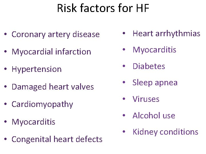 Risk factors for HF • Coronary artery disease • Heart arrhythmias • Myocardial infarction