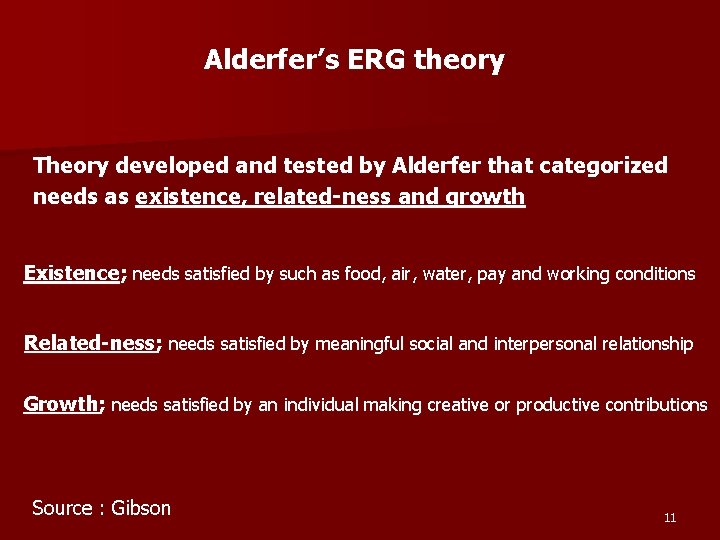 Alderfer’s ERG theory Theory developed and tested by Alderfer that categorized needs as existence,
