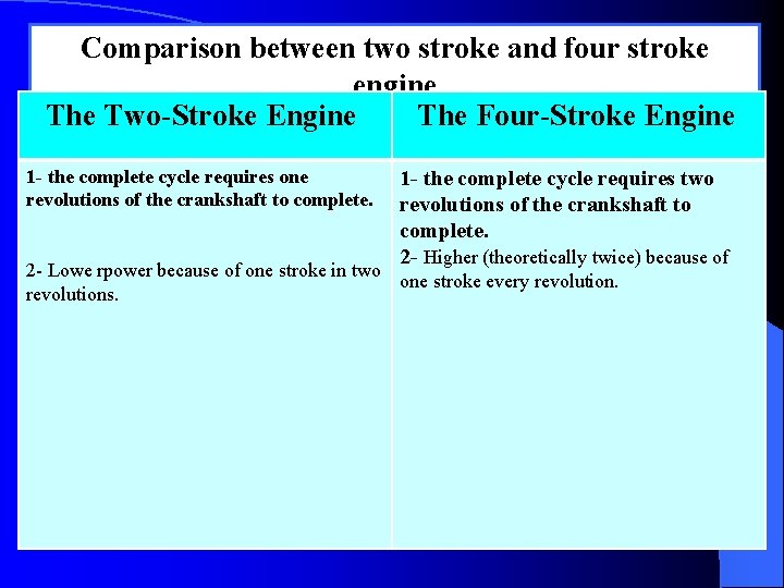 Comparison between two stroke and four stroke engine The Two-Stroke Engine The Four-Stroke Engine