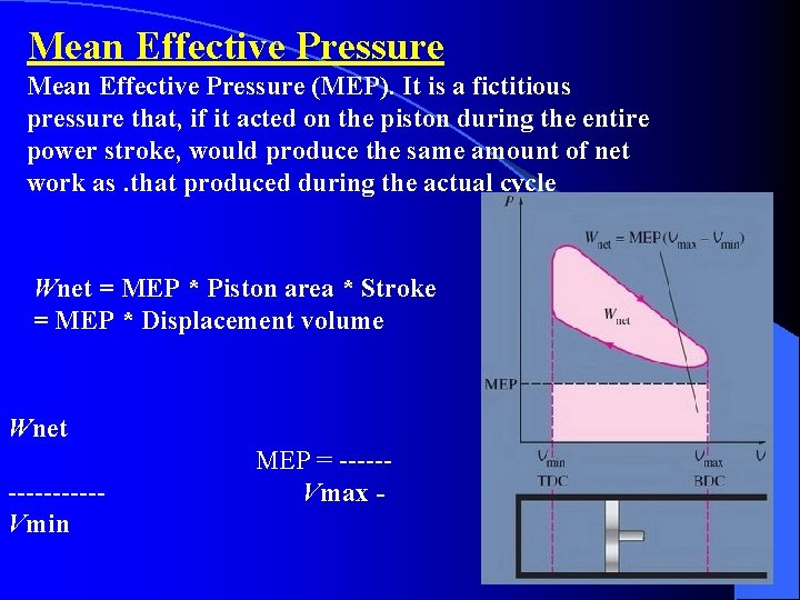 Mean Effective Pressure (MEP). It is a fictitious pressure that, if it acted on