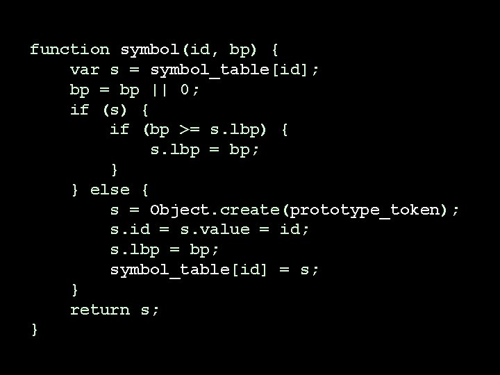 function symbol(id, bp) { var s = symbol_table[id]; bp = bp || 0; if