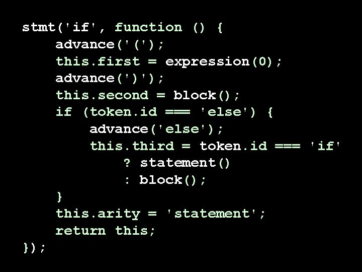 stmt('if', function () { advance('('); this. first = expression(0); advance(')'); this. second = block();