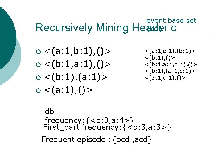 event base set {cd} Recursively Mining Header c <(a: 1, b: 1), ()> ¡