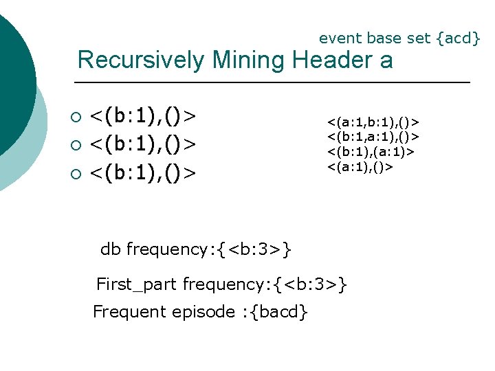 event base set {acd} Recursively Mining Header a <(b: 1), ()> ¡ <(a: 1,